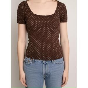 Womens T-shirt Size Small Brown White Polka‎ Dots Casual Chic Short Sleeve